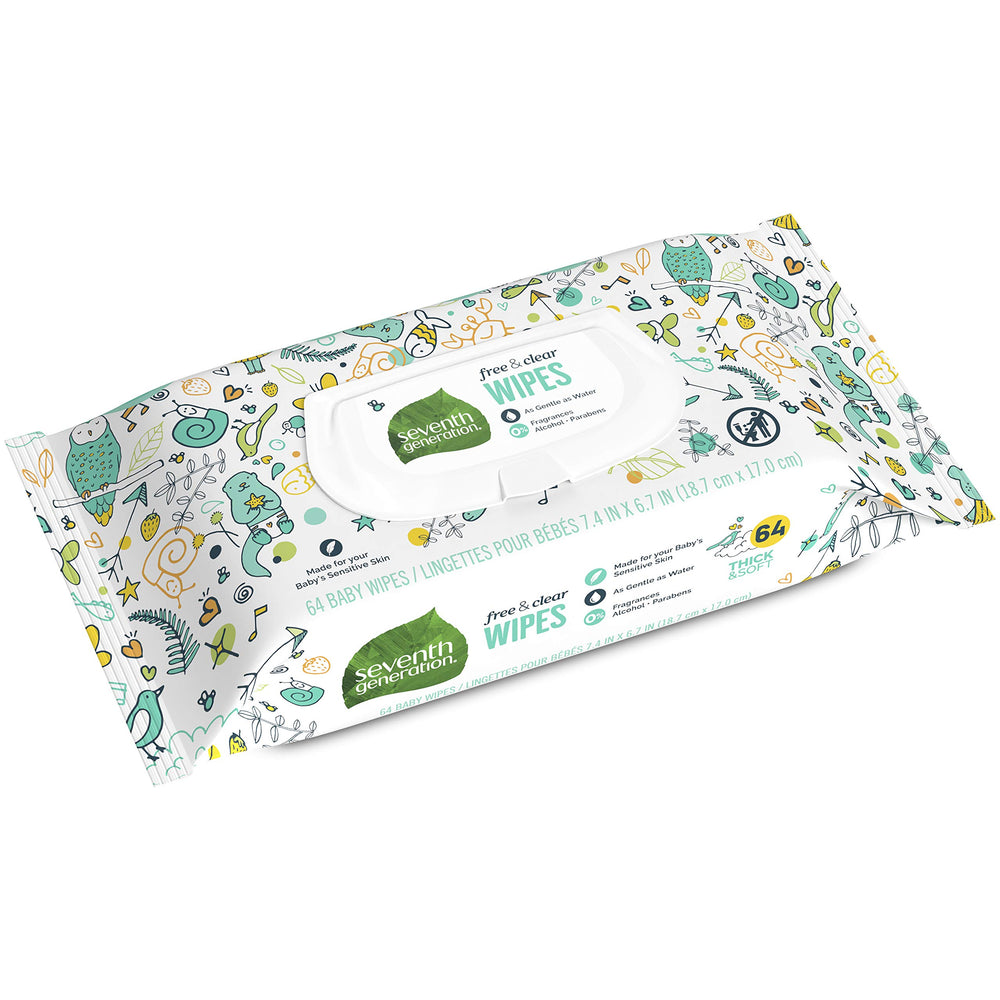 Seventh Generation Baby Wipes Free & Clear pack shot shows fragrance-free, skin-friendly care.