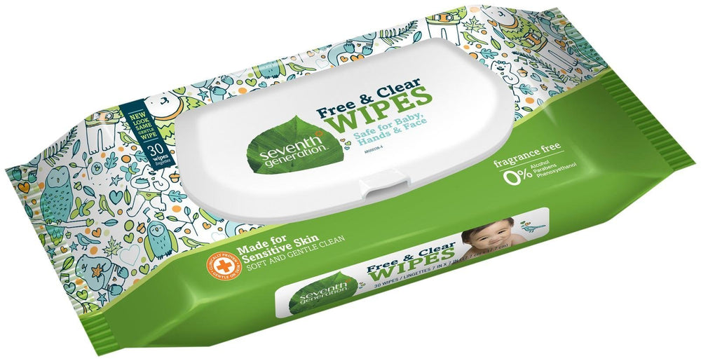 Seventh Generation Free Clear baby wipes pack, gentle clean for delicate skin.