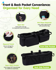 SEVORGINA double-stroller organizer side-view demonstrates stable mounting on the handle.