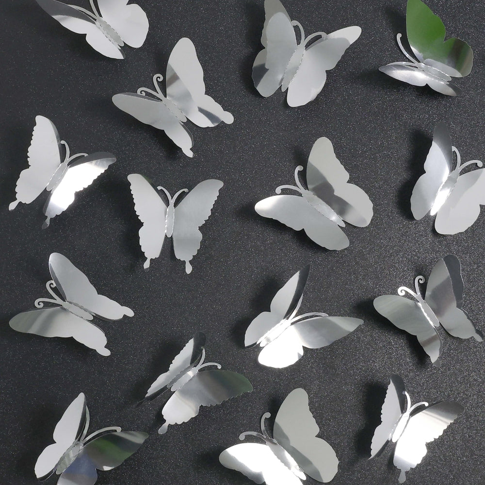 Seyal 3D butterfly wall decor silver closeup adds shimmering elegance for party backdrops.