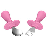 SFCCMM pink-handled toddler utensils for easy self-feeding and grip.