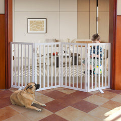 SFJC dog gate wood 4-panel assembled white showing sturdy natural wood build