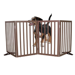 SFJC dog gate with wood finish open provides sturdy indoor barrier for pets.