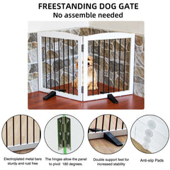 SFJC dog gate wood and steel construction provides durable indoor confinement.