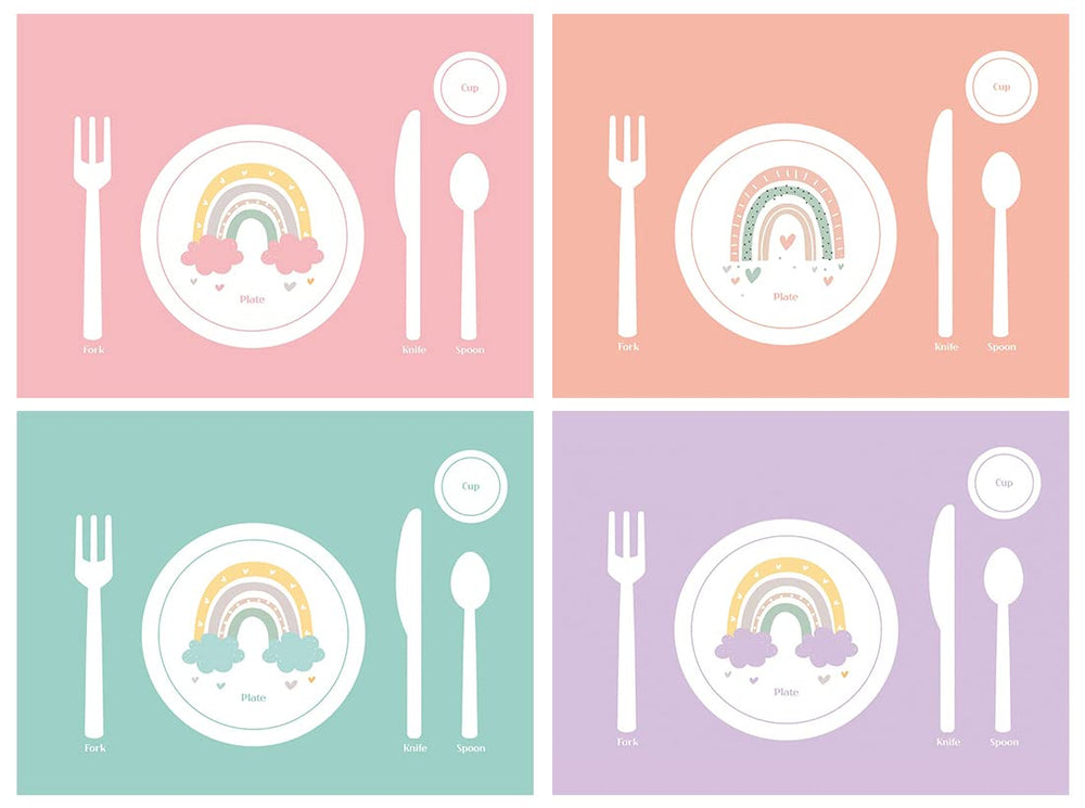 SharkBliss Montessori placemat rainbow set4 shows vibrant rainbow design to support independent toddler dining.