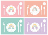 SharkBliss Montessori placemat rainbow set4 shows vibrant rainbow design to support independent toddler dining.
