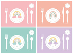 SharkBliss Montessori placemat rainbow set4 shows vibrant rainbow design to support independent toddler dining.