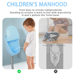 shawoo wall-mounted toddler urinal demonstrates compact setup beside a toilet for quick use.