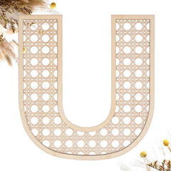 She Love wooden rattan letters U wall decor close-up highlights durable plywood construction for lasting home charm.