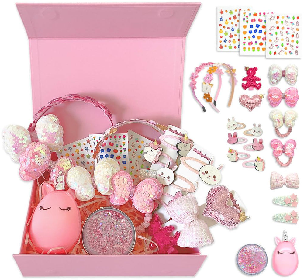 Shelbybox pink hair clip set viewed in gift box for easy gifting and styling.