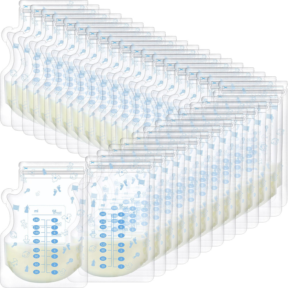 Sherr 8oz storage bag with pour spout for mess-free milk transfer.