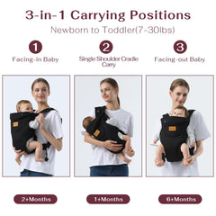Shiaon baby carrier front-worn demonstrates ergonomic support for parent and baby.