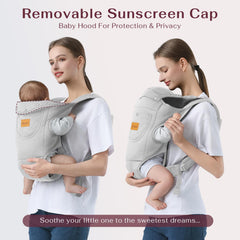 Shiaon baby carrier M-position grey underscores ergonomic hip-friendly seating.