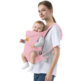 Shiaon pink baby carrier, front view; comfortable wear for daily use.