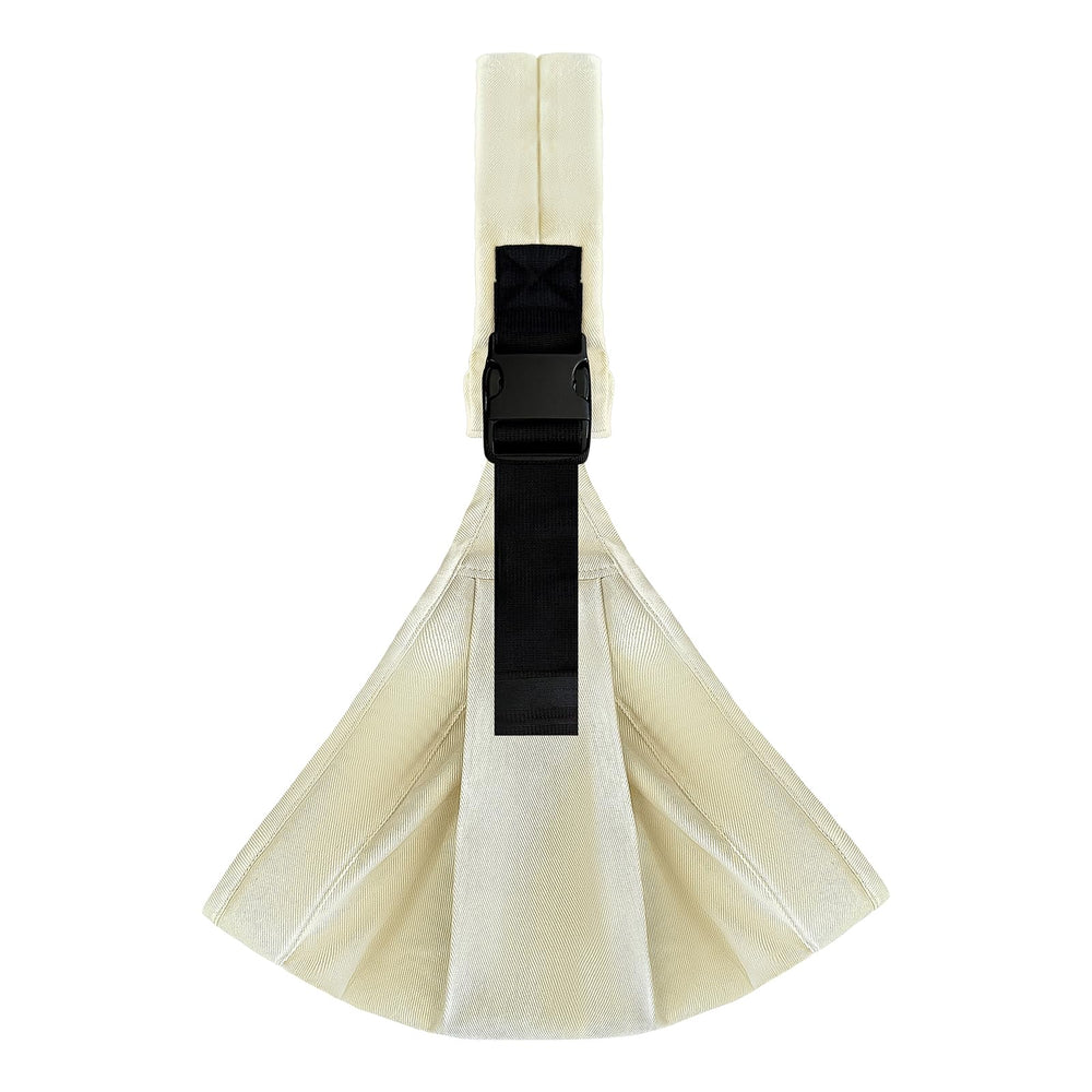 Shiaon baby sling carrier beige on shoulder enables hands-free daily errands.