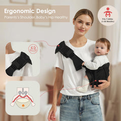 Shiaon infant in carrier demonstrates ergonomic support for growing babies.