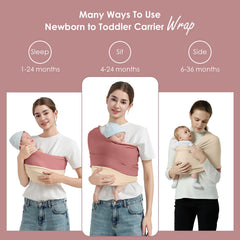 Shiaon baby wrap cream pink ergonomic hold highlights hip-friendly positioning.