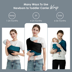 Shiaon baby wrap ergonomic pose illustrating hip-friendly spread-squat position for healthy development.