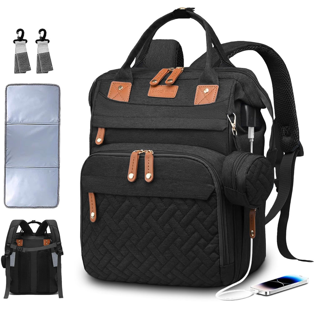 SHITIESHOU diaper bag backpack black front view for everyday parenting on the go