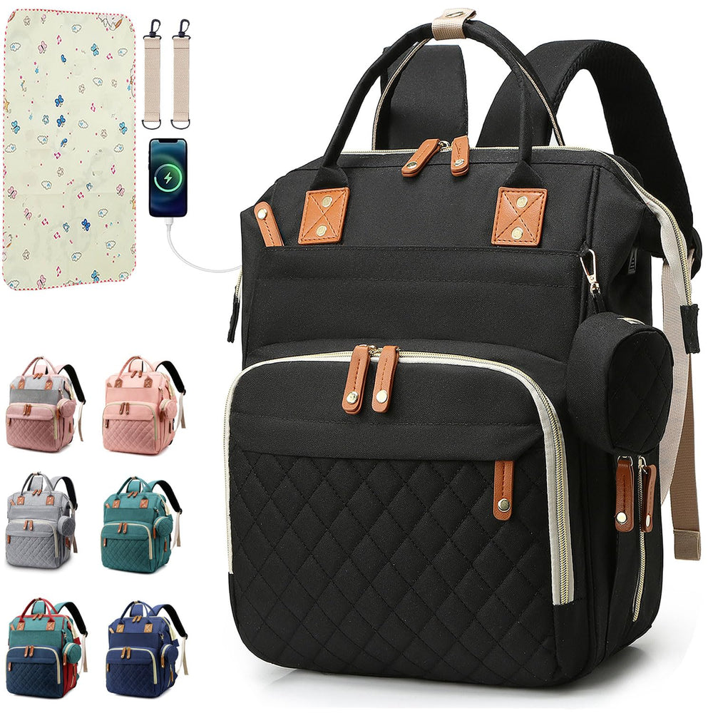 SHITIESHOU diaper bag backpack in black showing 16 pockets for organized baby items.