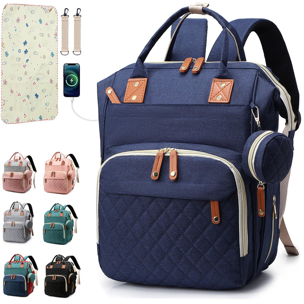 SHITIESHOU diaper bag backpack blue with 16 pockets for organized travel.
