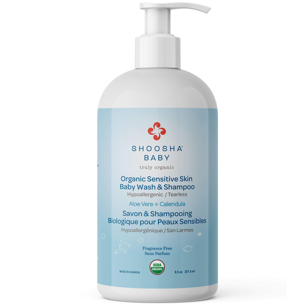Shoosha baby shampoo bottle front highlights gentle cleansing for sensitive skin