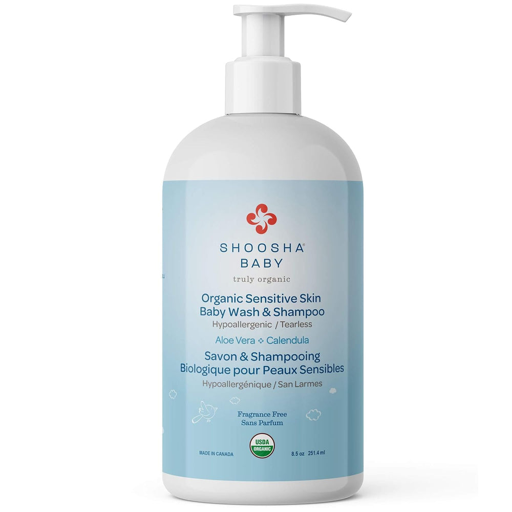 Shoosha Organic Sensitive Skin Baby Body Wash bottle pump for ultra-gentle daily cleansing