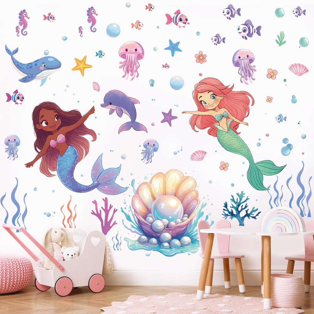 SHUCHING Under The Sea mermaid wall sticker adds whimsical vibe to a girl's bedroom.