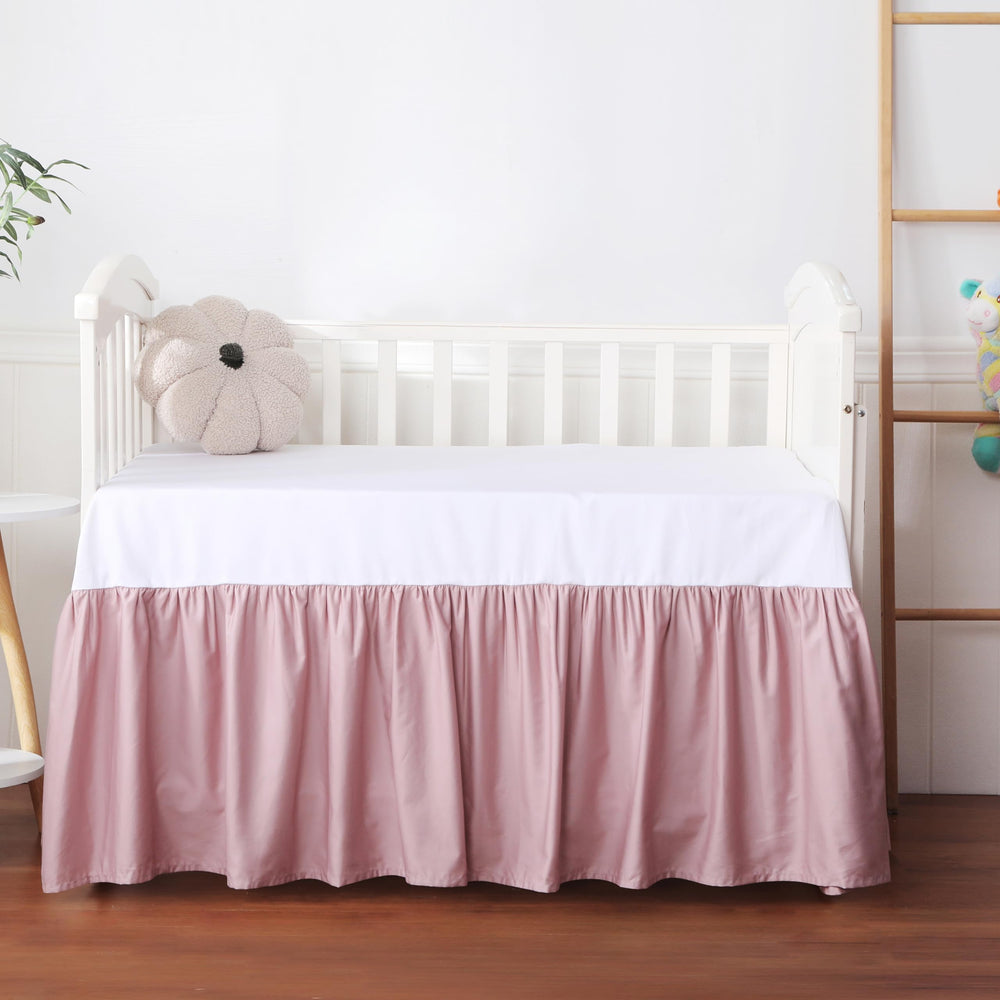Shunjie.Home pink crib skirt highlights 52x28 size with a 14-inch drop for a clean look.
