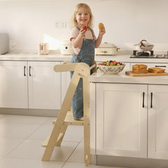 SHWWQUE foldable toddler tower demonstrates 3-height adjustment for growing kids.