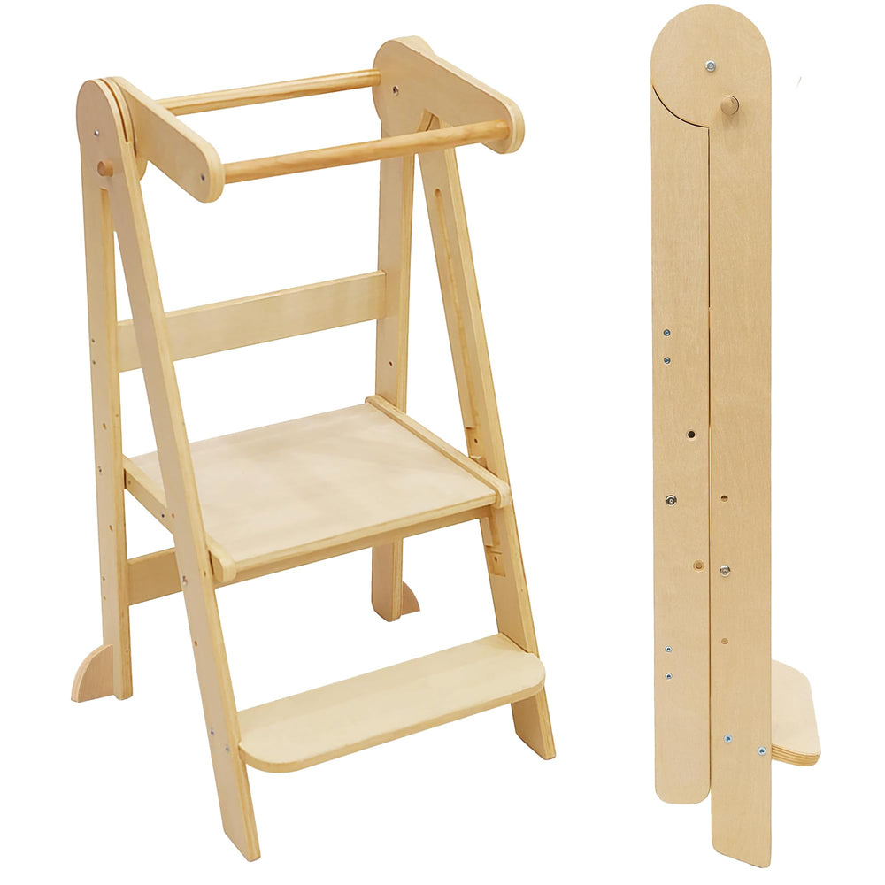 SHWWQUE foldable toddler tower wooden steps with safe handrails for secure climbing.