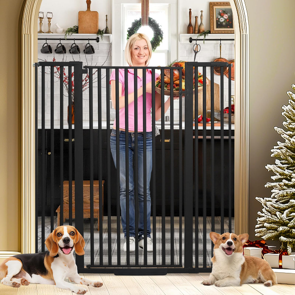 SHYUJAJIE 55-inch extra tall pet gate with extensions keeps cats safe in doorways and stairs.