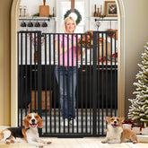 SHYUJAJIE 55-inch extra tall pet gate with extensions keeps cats safe in doorways and stairs.