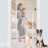 Shyujajie extra tall pet gate with extensions demonstrates adjustable width for large openings and stair use.