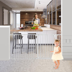 SHYUJAJIE extra-wide baby gate setup showing adjustable panels for versatile room safety.