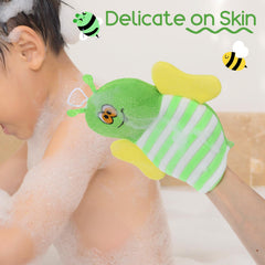 Sibba bath mitt red bee pattern offers gentle scrubbing and engages kids.
