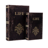 SICOHOME decorative book box set outer view highlights vintage wood and leather detailing for stylish storage.
