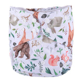 Sigzagor watercolor animals diaper front view, showing adjustable waist for growing kids.