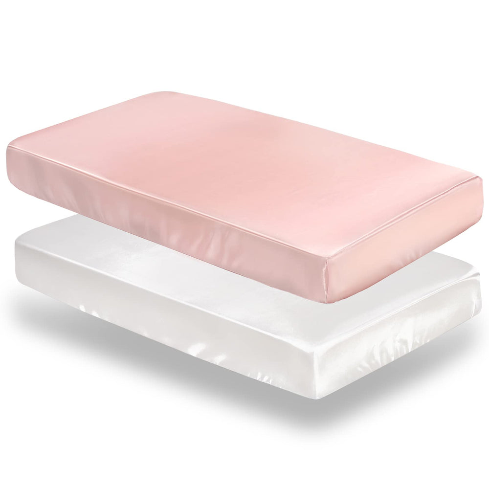 SiinvdaBZX satin crib sheets pink and white two-pack showing silky smooth surface for baby sleep