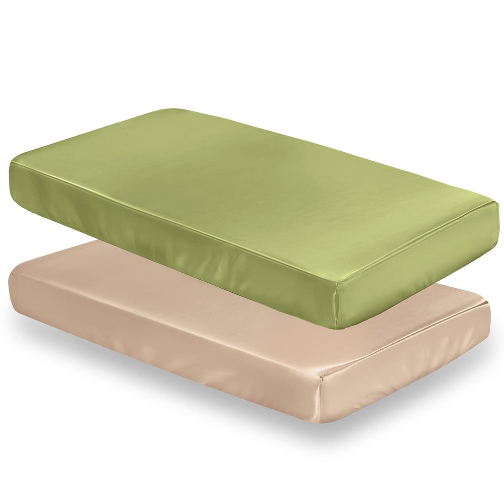 SiinvdaBZX satin mini crib sheet beige top view, soft sleep surface.