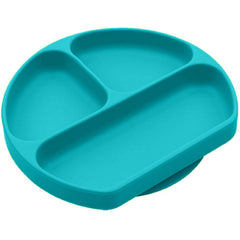Silikong suction plate with suction base on a tray enables mess-free meals.