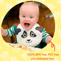 Silly Goose Panda Bib features extra-wide food catcher pocket for crumbs.