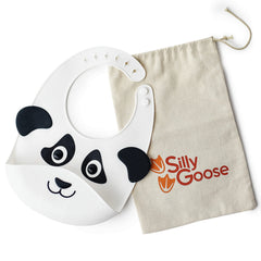 Silly Goose Panda Bib close-up shows waterproof silicone that keeps outfits clean.