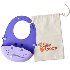 Silly Goose hippo bib front view shows waterproof silicone design for messy meals