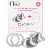 Silverette Original nursing cup on nipple for comfortable breastfeeding.