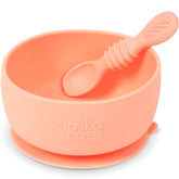 Simka Rose baby bowl and spoon set on table encouraging self-feeding with peach color