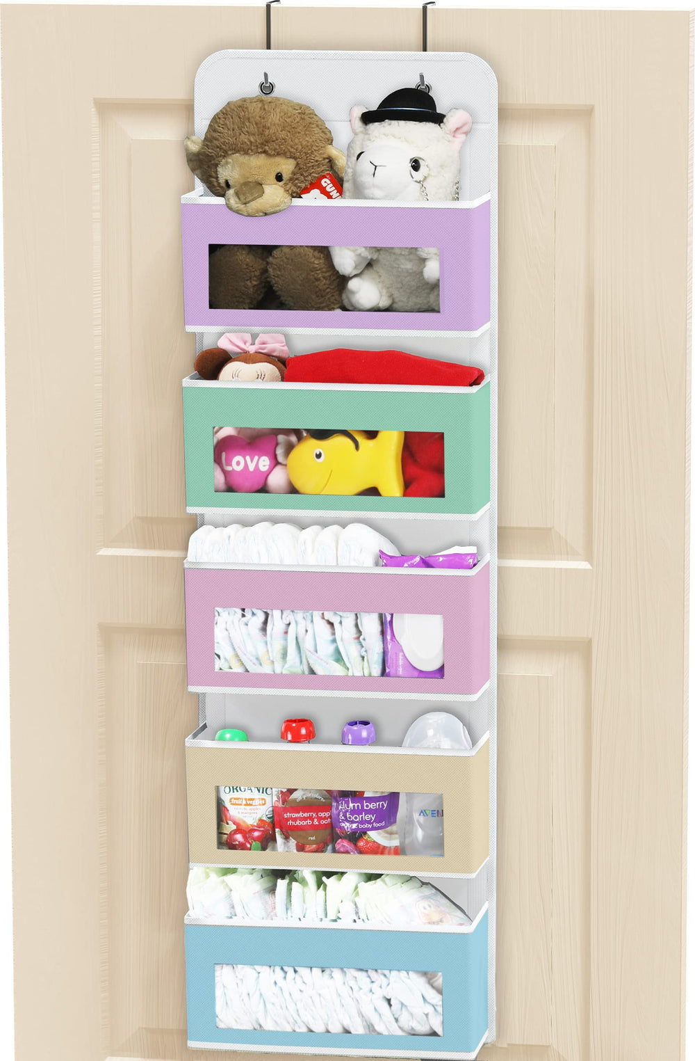 Simple Houseware 5-pocket door organizer hanging over a door for clutter-free bathroom storage.