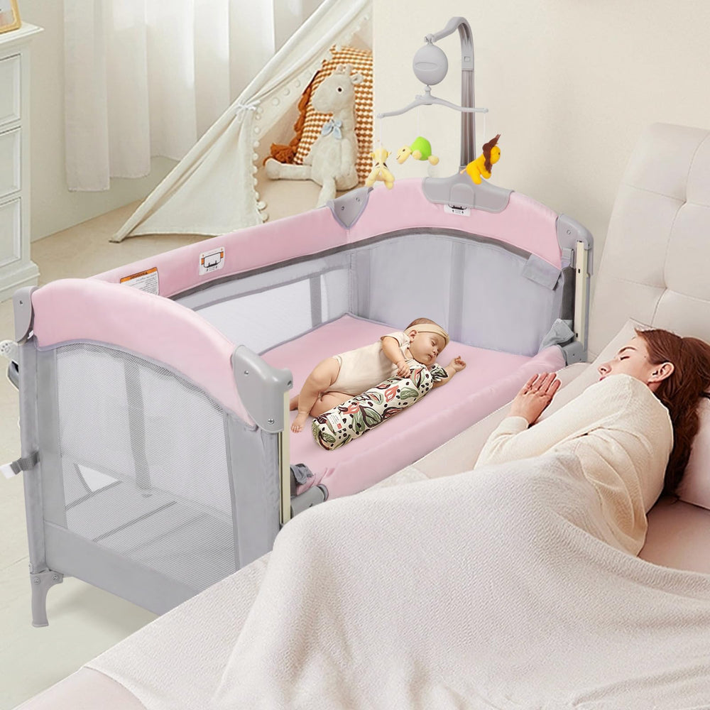 SIMPLGIRL 5-in-1 pack n play bassinet setup promotes close-to-bed baby care.