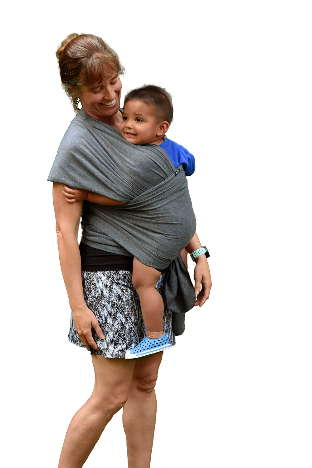 Simply Essential Solutions dark grey wrap carrying newborn with ergonomic support