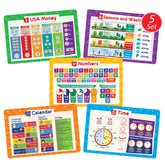 Simply Magic 5 placemats educational set shows money and numbers for kid-friendly mealtime learning.